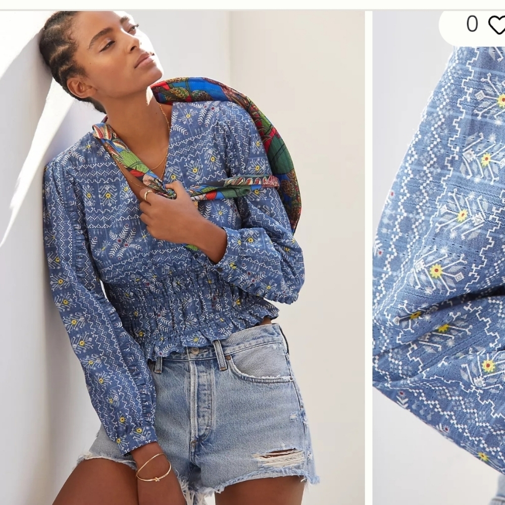 Anthropologie Forever That Girl Top Boho Smocked V-neck Blouse